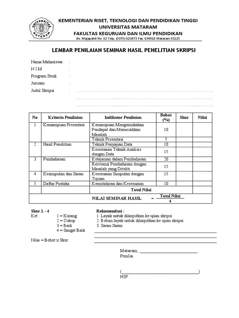 Form B1 & B2 LEMBAR PENILAIAN SEMINAR HASIL PENELITIAN SKRIPSI | PDF ...