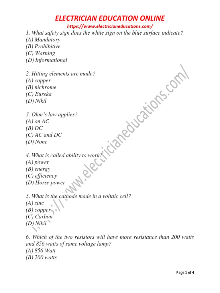 Electrician Exam Questions & Answers | PDF | Volt | Resistor