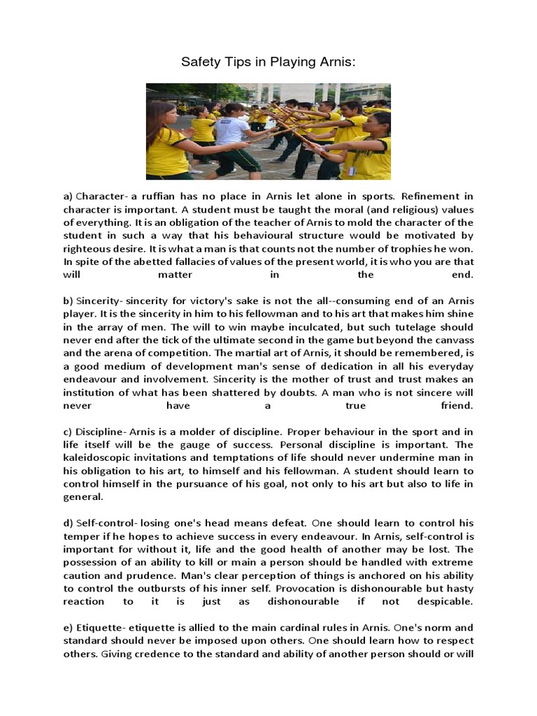 Safety Tips in Playing Arnis PDF Etiquette Loyalty
