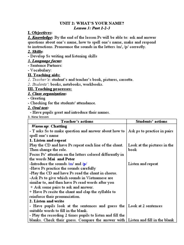 Tieng Anh 3 Ban Ten Gi What S Your Name Lesson 5 PDF Teachers