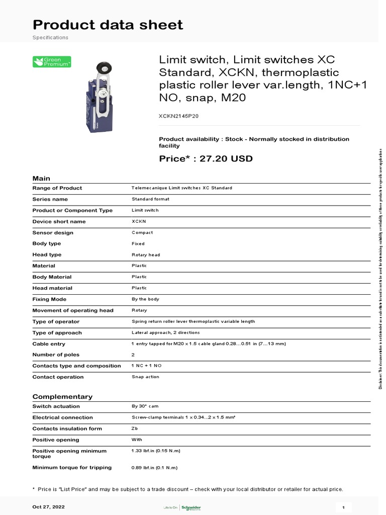 Limit Switches XC Standard - XCKN2145P20 | PDF | Switch | International ...