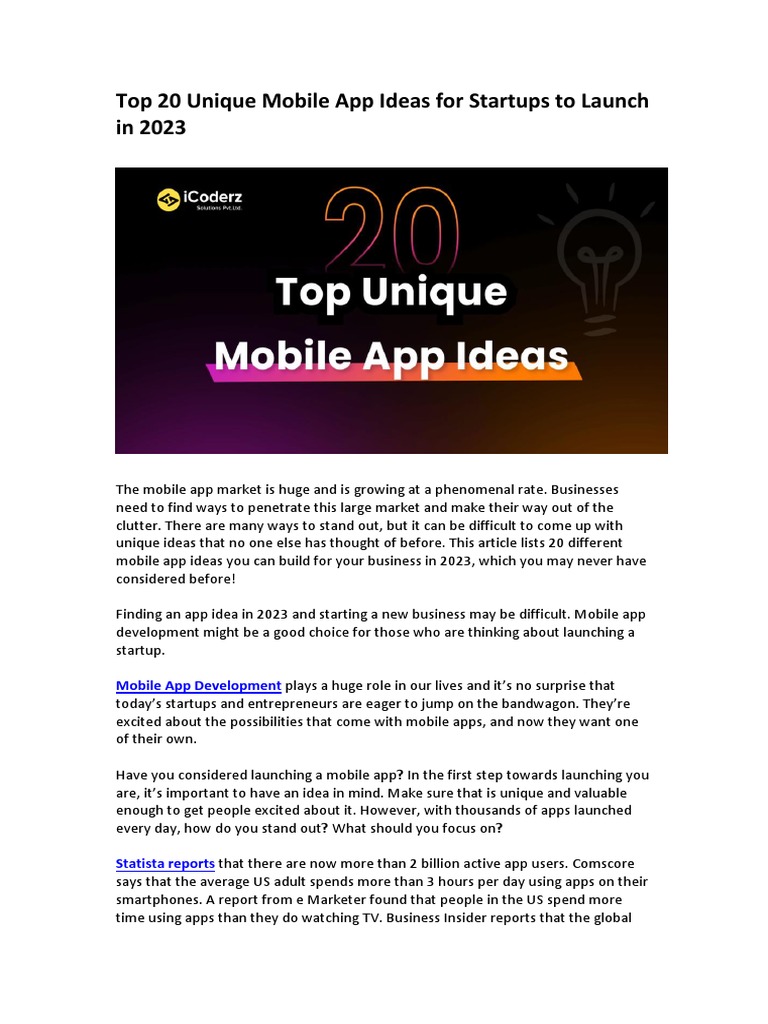 Top 20 Unique Mobile App Ideas For Startups | PDF