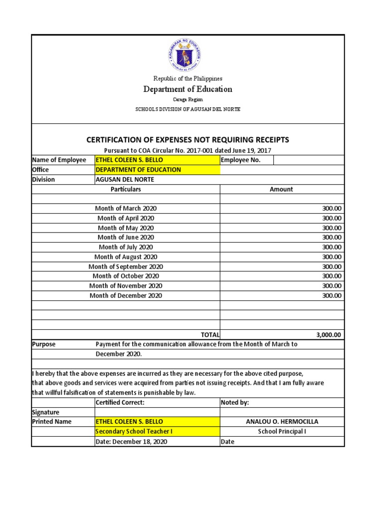 Cert of Expenses Not Requiring Receipts PDF