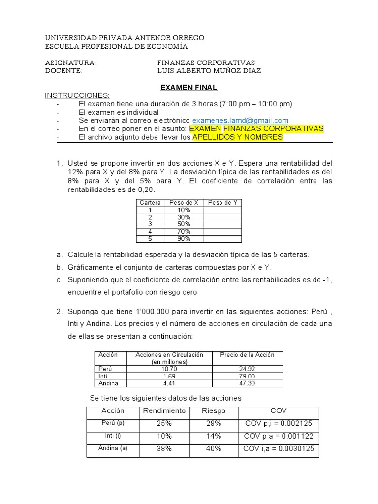 Examen Final de Finanzas Corporativas | PDF | Compartir (Finanzas ...