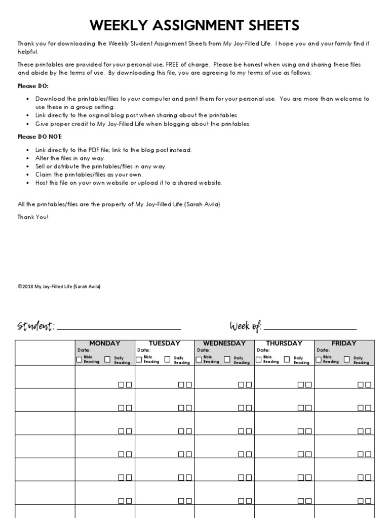 Weekly Student Assignment Sheet PDF