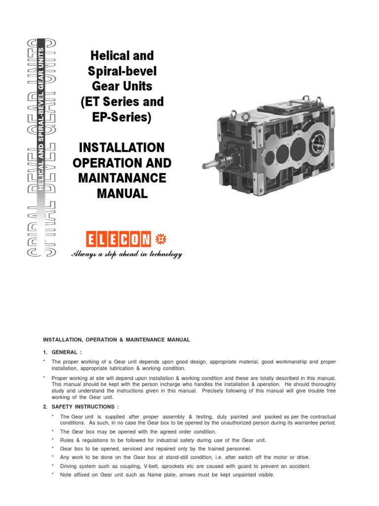Elecon Gear Box O&M Manual PDF Bearing (Mechanical) Gear