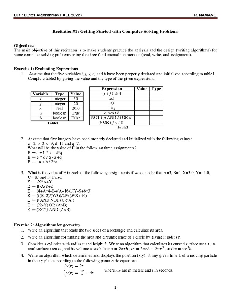 EE121 Recitation1 PDF Boolean Data Type Computer Science