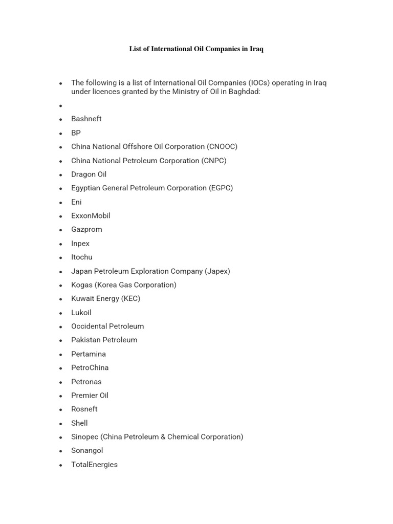 List of International Oil Companies in Iraq PDF