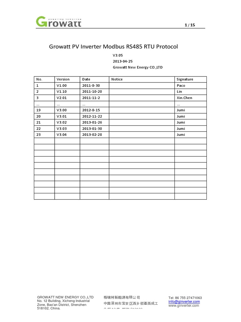 Modbus RTU Protocol Specification for Growatt PV Inverters - Version 3. ...