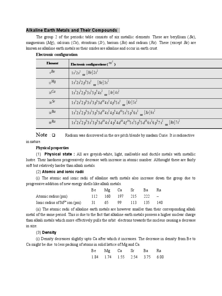Properties of Alkaline Earth Metals | PDF | Hydroxide | Calcium
