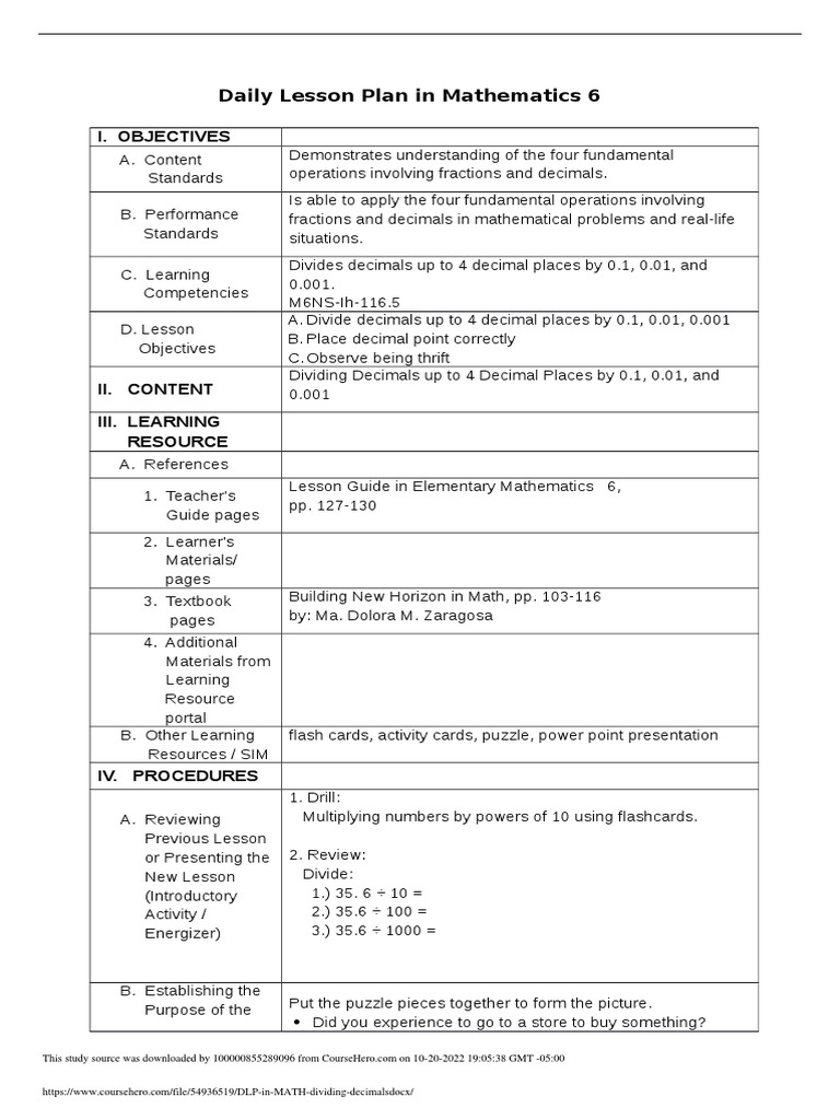 Dividing Decimals Lesson Plan for Grade 6 | PDF | Flashcard | Learning
