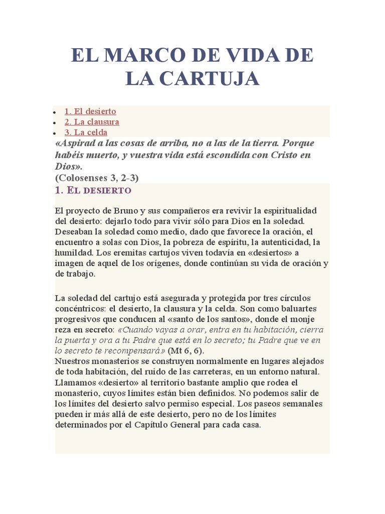 Marco de Vida de Los Cartujos PDF Monasterio Oración