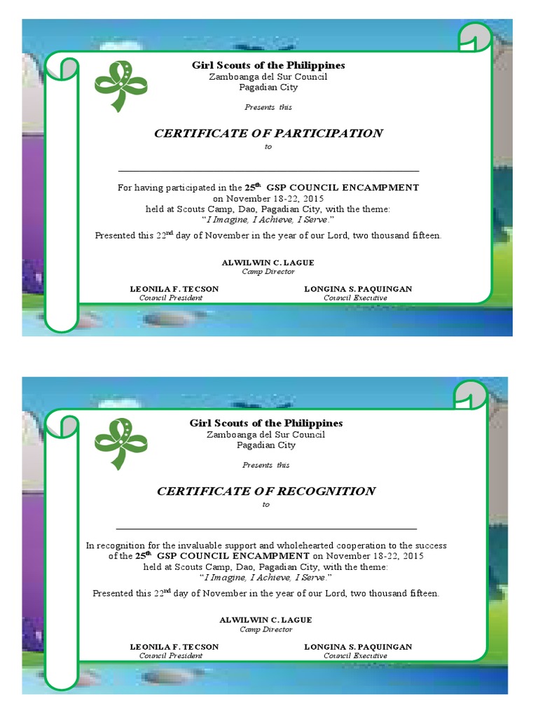 GSP Council Encampment Participation Certificates | PDF | Girl Guiding ...