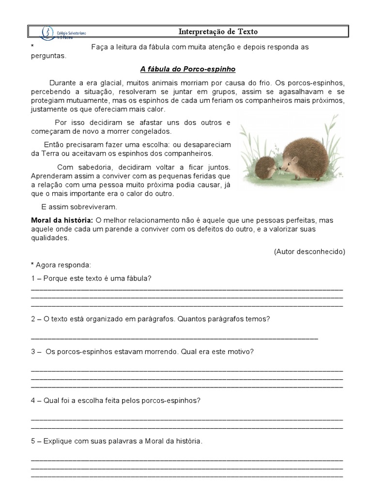 Atividades Fabula Porco Espinho | PDF