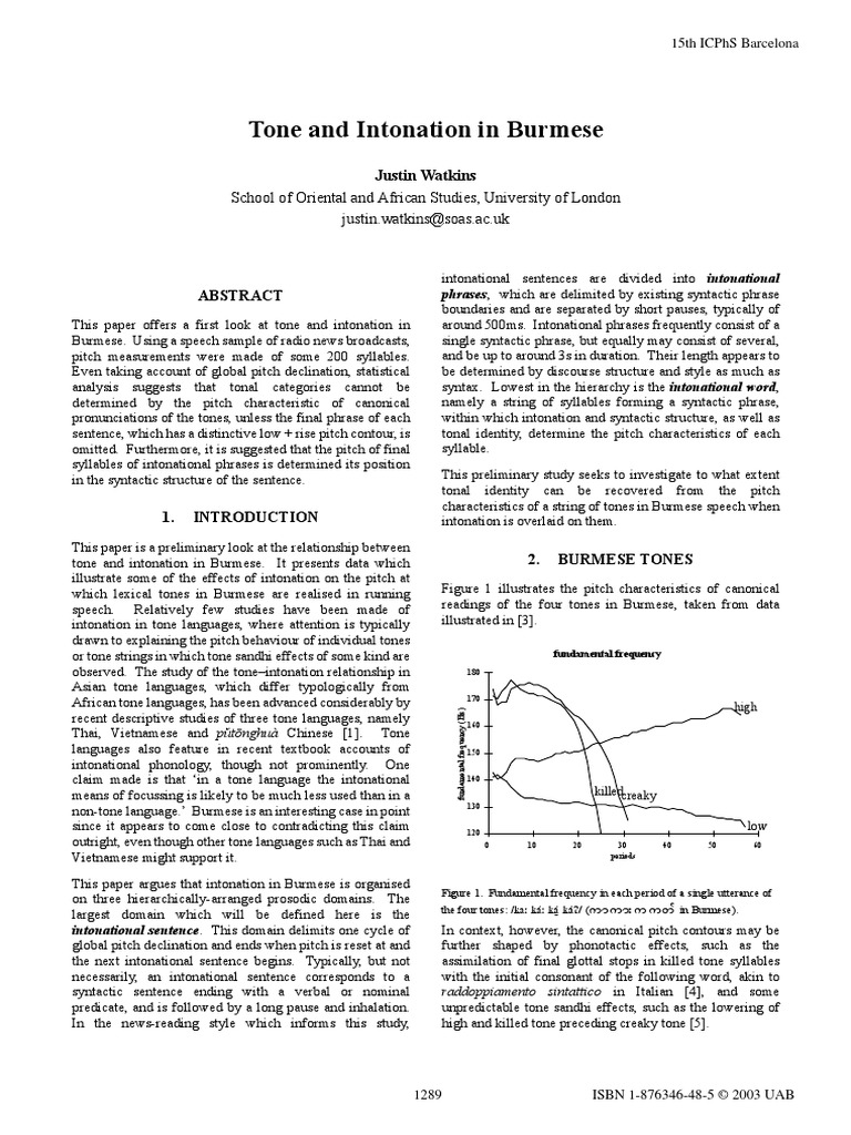 Watkins 2003 Tone and Intonation in Burmese | PDF | Tone (Linguistics ...