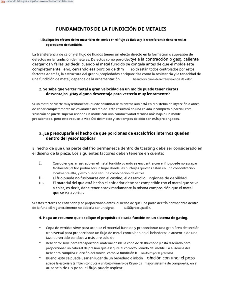 (Español) FUNDAMENTALS OF METAL CASTING_brief questions_.en.es PDF