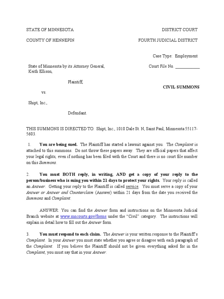 Shipt Summons Complaint PDF Employment Lawsuit