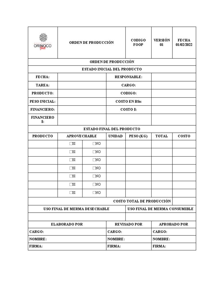 Formato De Produccion De Alimentos