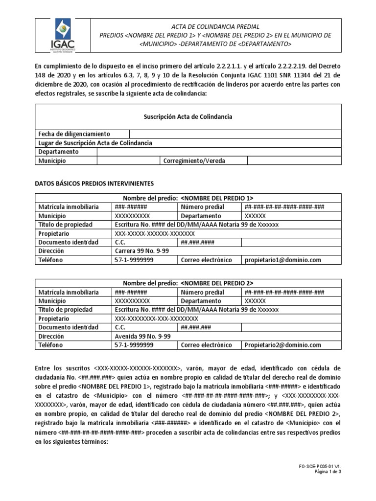 Acta de Colindancia Predial Igac 2022 PDF