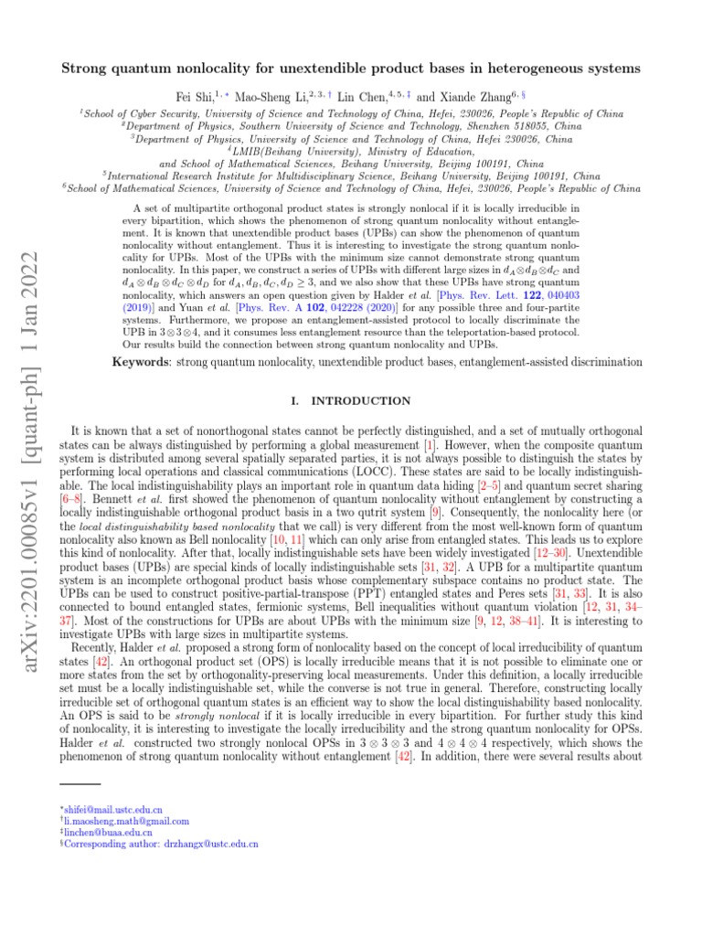Strong Quantum Nonlocality in UPBs | PDF | Matrix (Mathematics) | Basis ...