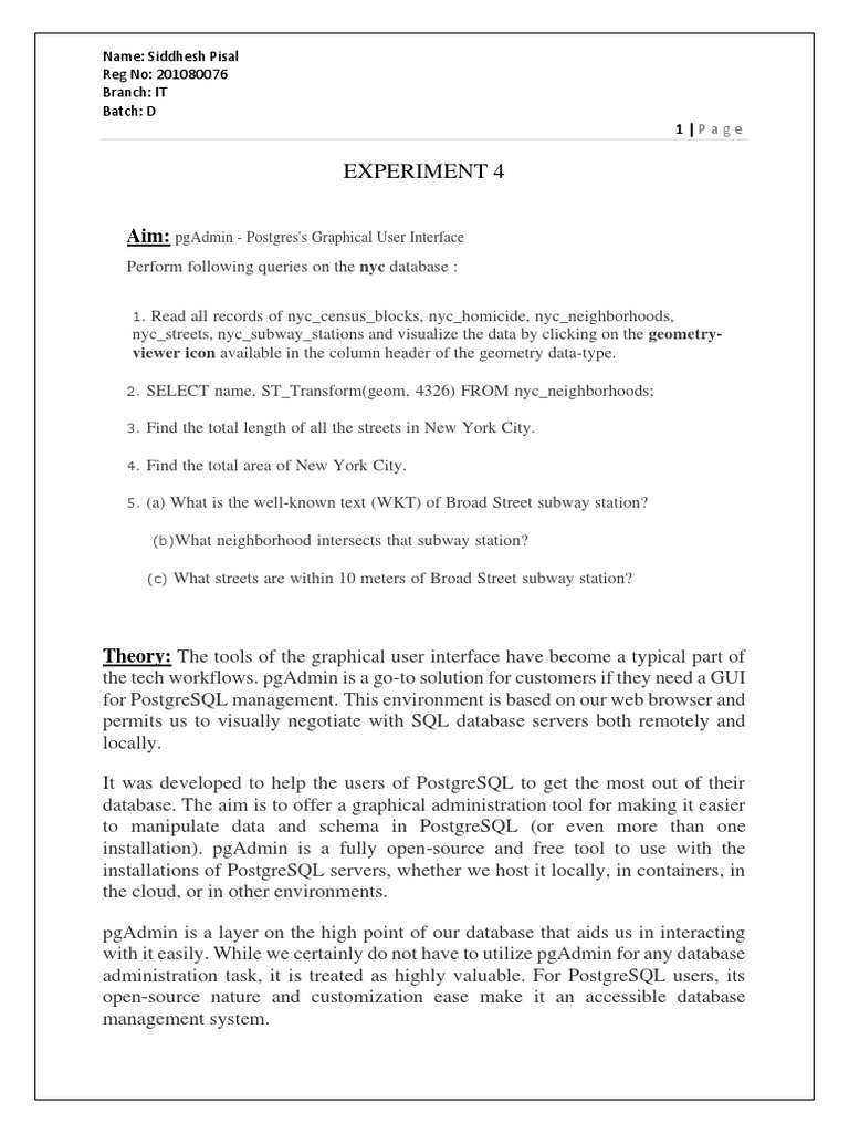 Experiment 4 | PDF | Postgre Sql | Databases