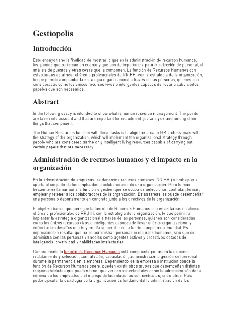 Administración de Recursos Humanos en Gestiopolis | PDF | Gestión de ...