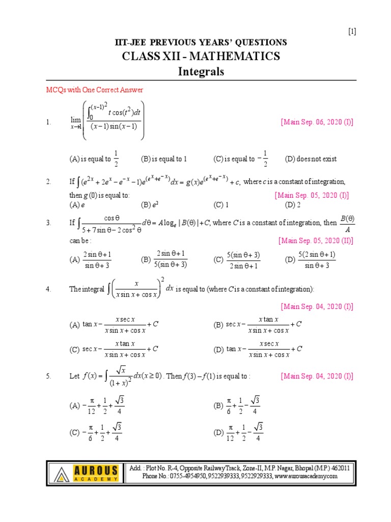 IIT-JEE Integrals MCQs Collection | PDF | Function (Mathematics ...