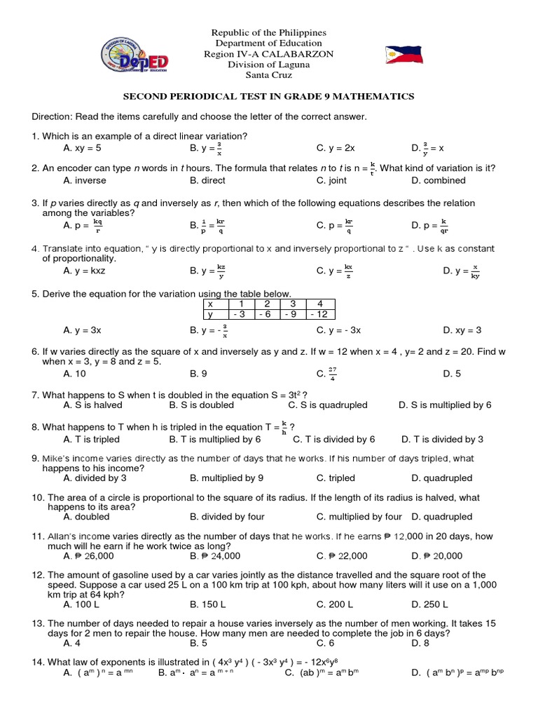 Grade 9 Math 2nd Quarter Test Review | PDF | Exponentiation | Equations