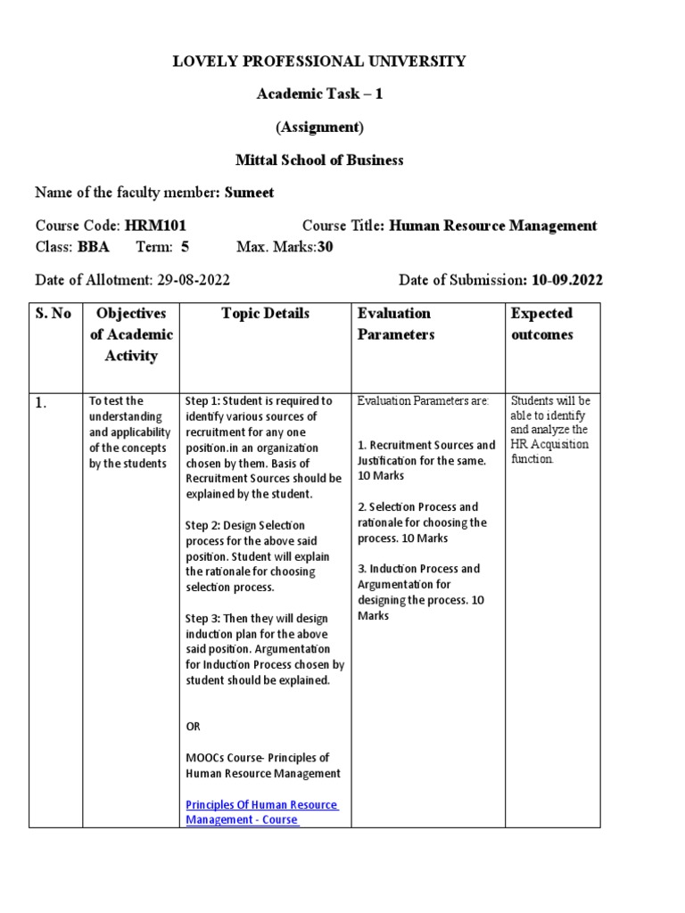 Lovely Professional University Academic Task 1 (Assignment) Mittal