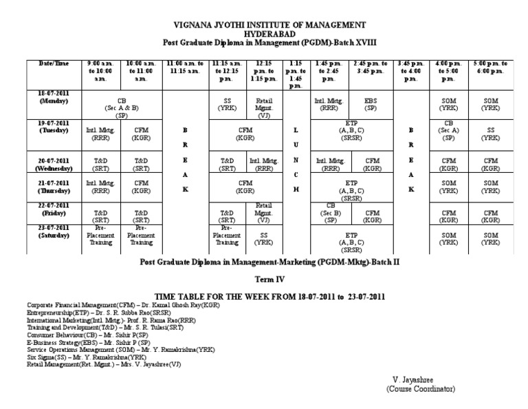 PGDM Timetable: July 18-23, 2011 | PDF | Technology & Engineering