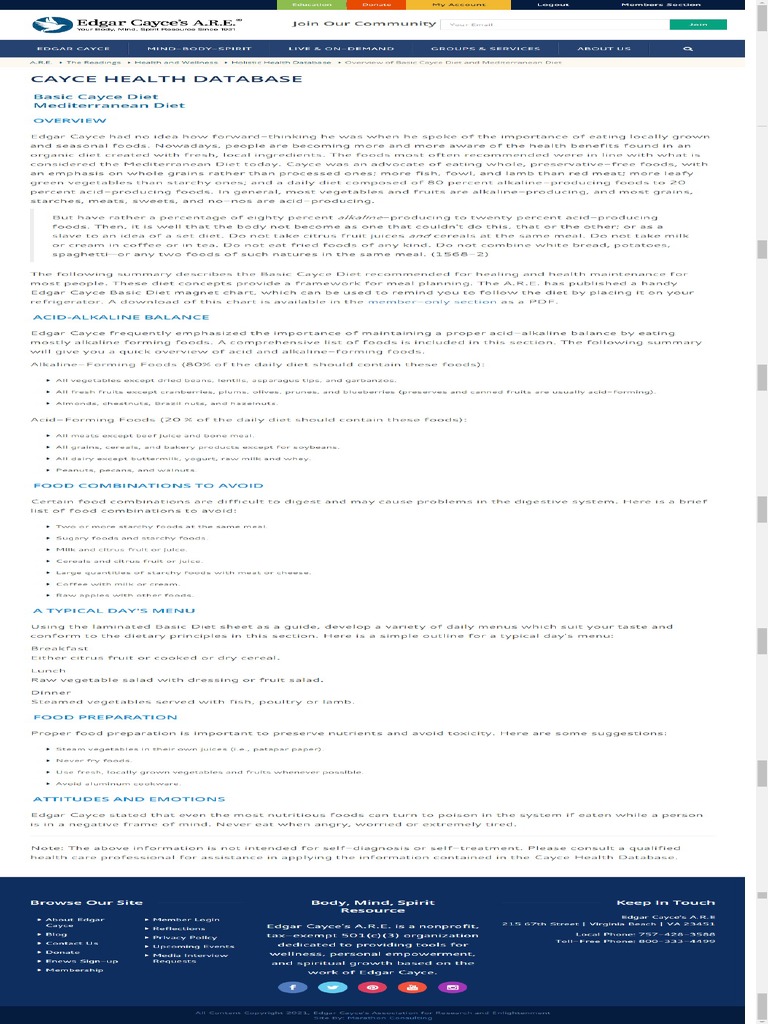 Overview of Basic Cayce Diet and Mediterranean Diet Edgar Cayce's