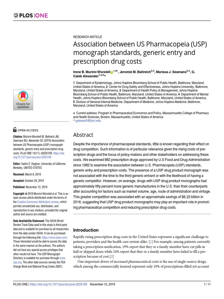 Association Between US Pharmacopeia USP Monograph PDF Generic Drug