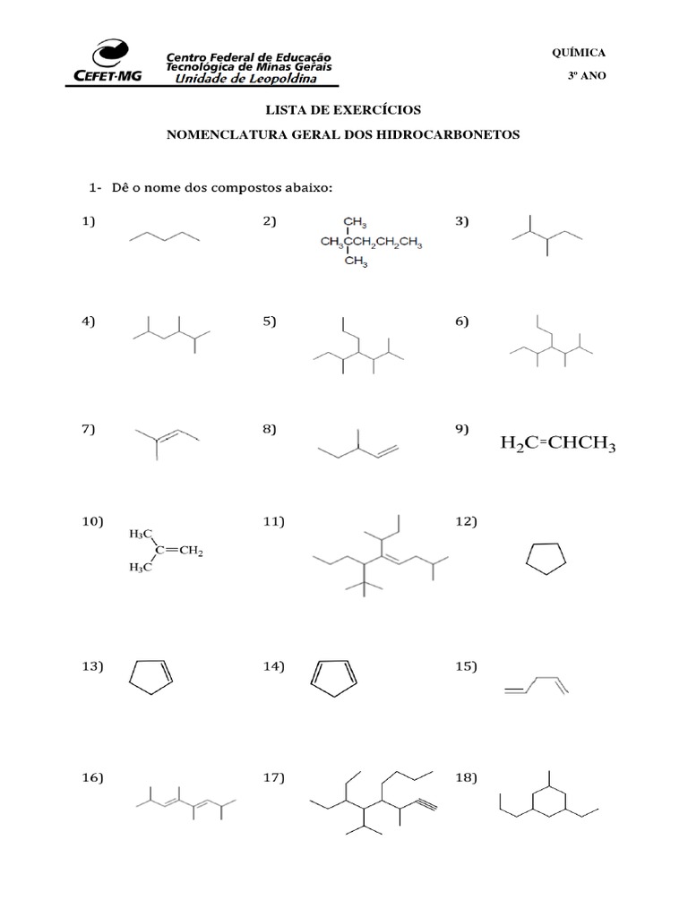 Exercícios de Nomenclatura de Hidrocarbonetos | PDF