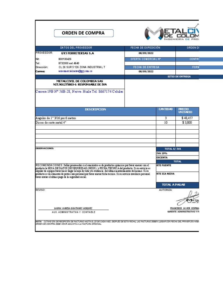 Ejemplo de Orden de Compra Simple | PDF