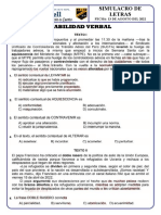 Simulacro de Letras Habilidad Verbal: Fecha: 13 de Agosto Del 2022