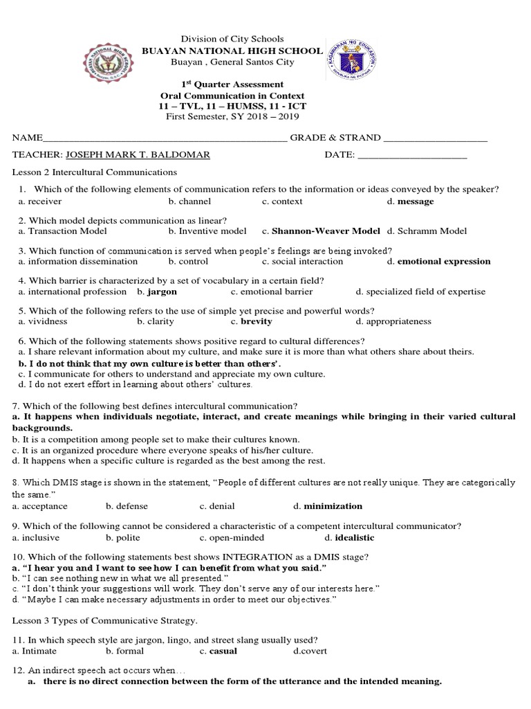 1st Periodical Exam Oral Communication In Context With Answer Key PDF