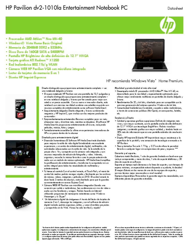 HP Pavilion Dv2-1010la Entertainment Notebook PC: Datasheet | Descargar ...