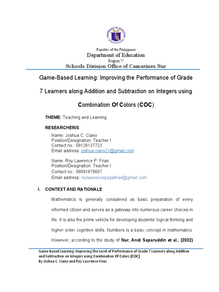 Game-Based Learning for Grade 7 Math | PDF | Learning | Teachers