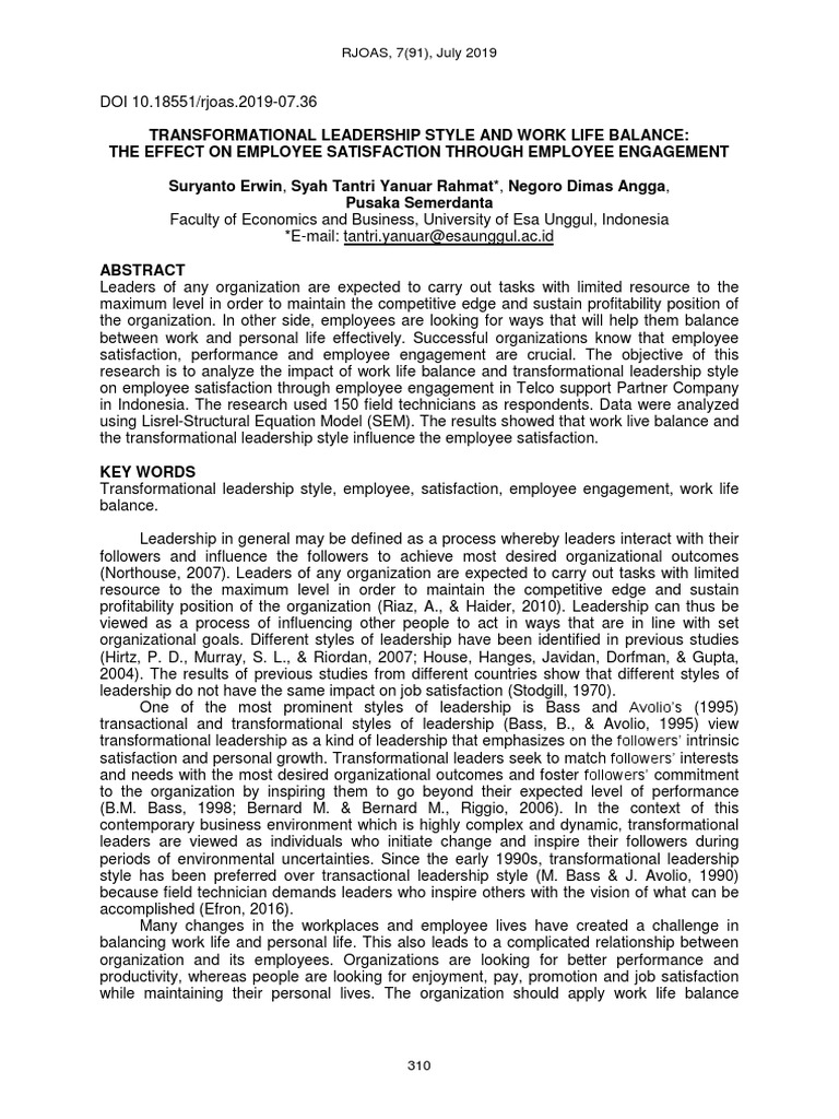 Transformational Leadership & Employee Satisfaction | PDF | Job ...
