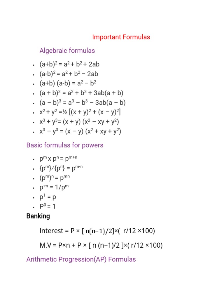 Grade X Math Formulas PDF Mathematics Elementary Mathematics