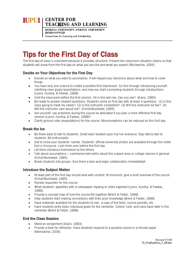 First Day of Class Tips IUPUI PDF Psychology Education Theory