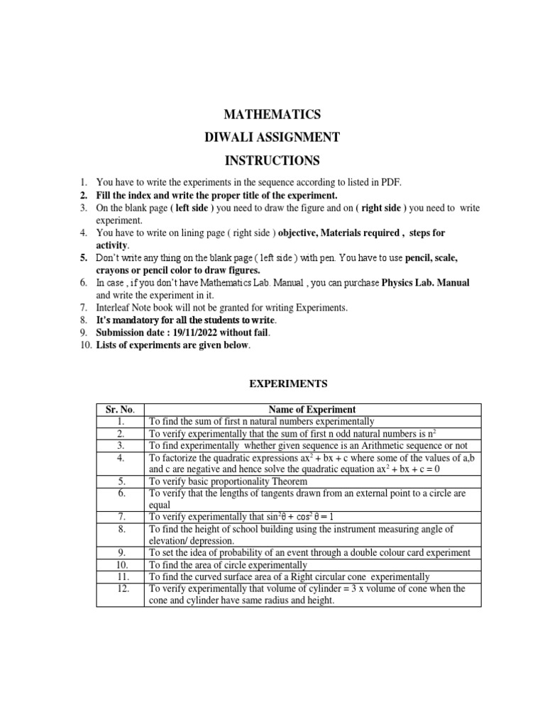 MATHEMATICS Diwali Asignment | PDF | Teaching Methods & Materials ...