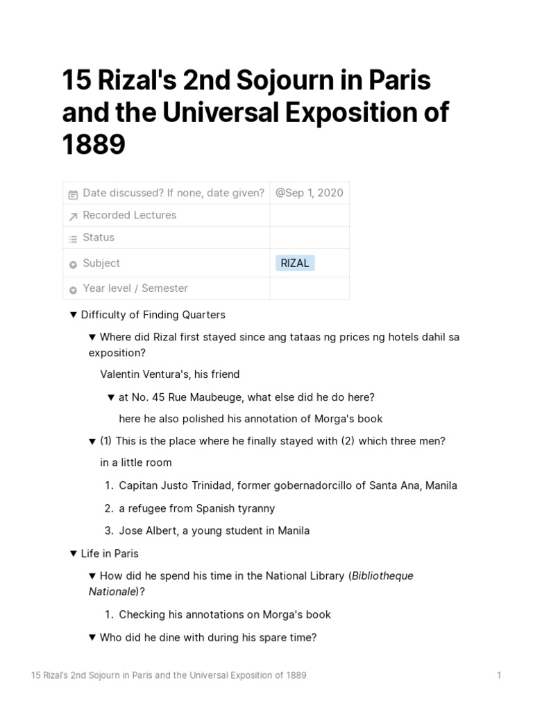 Rizal's Paris Sojourn & 1889 Exposition | PDF | Philippines