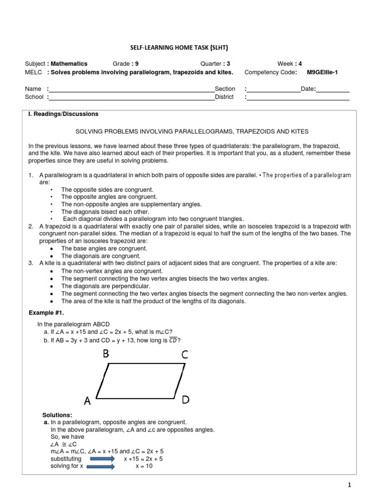 Solving for Unknowns in Parallelograms, Trapezoids, and Kites PDF