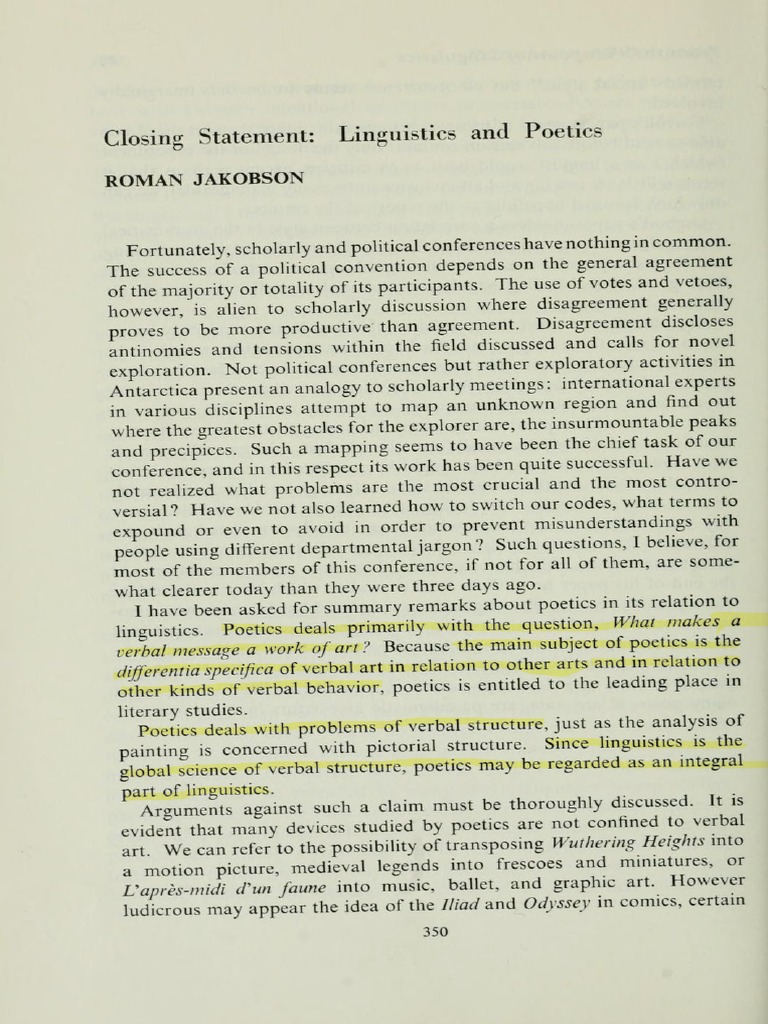 Jakobson roman 1960 closing statement linguistics and poetics pdf