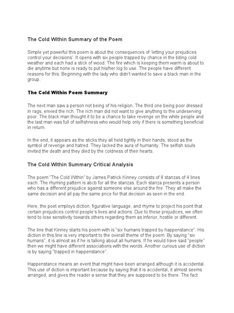 The Cold Within Summary Of The Poem Pdf Poetry