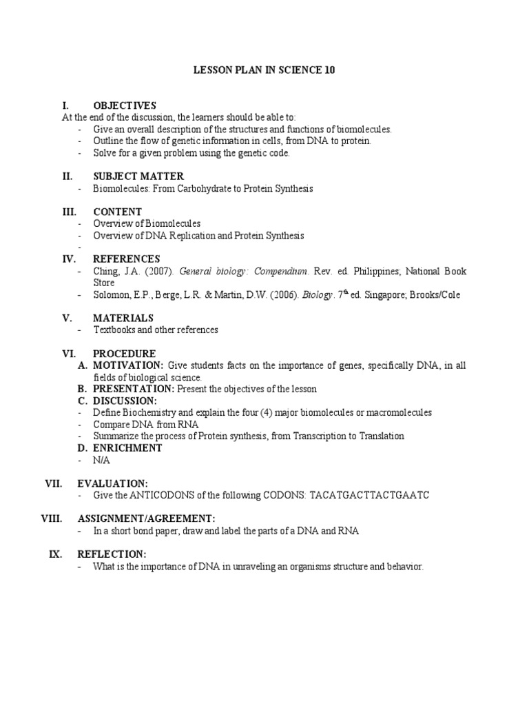 Biomolecules Detailed Lesson Plan Grade 10