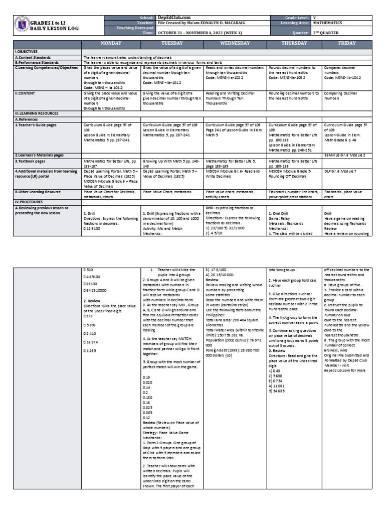 Decimals Lesson Plan for Grade 5 | PDF | Numbers | Decimal