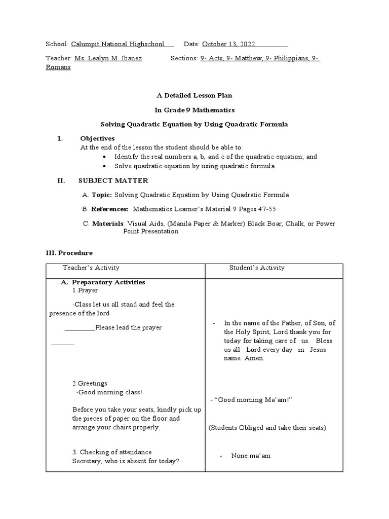 Quadratic Formula Lesson Plan | PDF | Quadratic Equation | Mathematics
