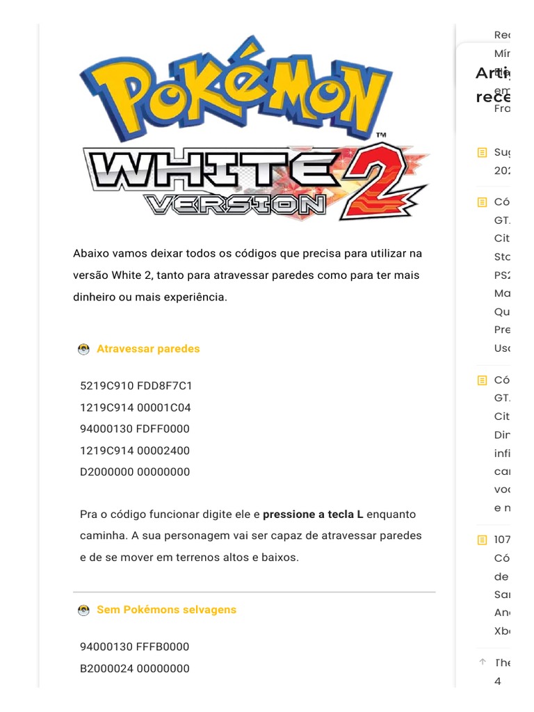117 Cheats de Pokémon White 2 e Black 2 Super Lista de 2020 PDF